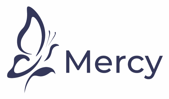 Logotipo de mariposa posada en una hoja y la palabra Mercy todo integrado