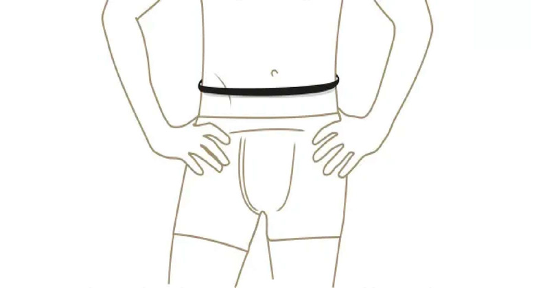 Dibujo que muestra como medirse para saber la talla de la ropa interior masculina. Mide el contorno de la cintura baja ubicando la cinta métrica 5 cm debajo del ombligo